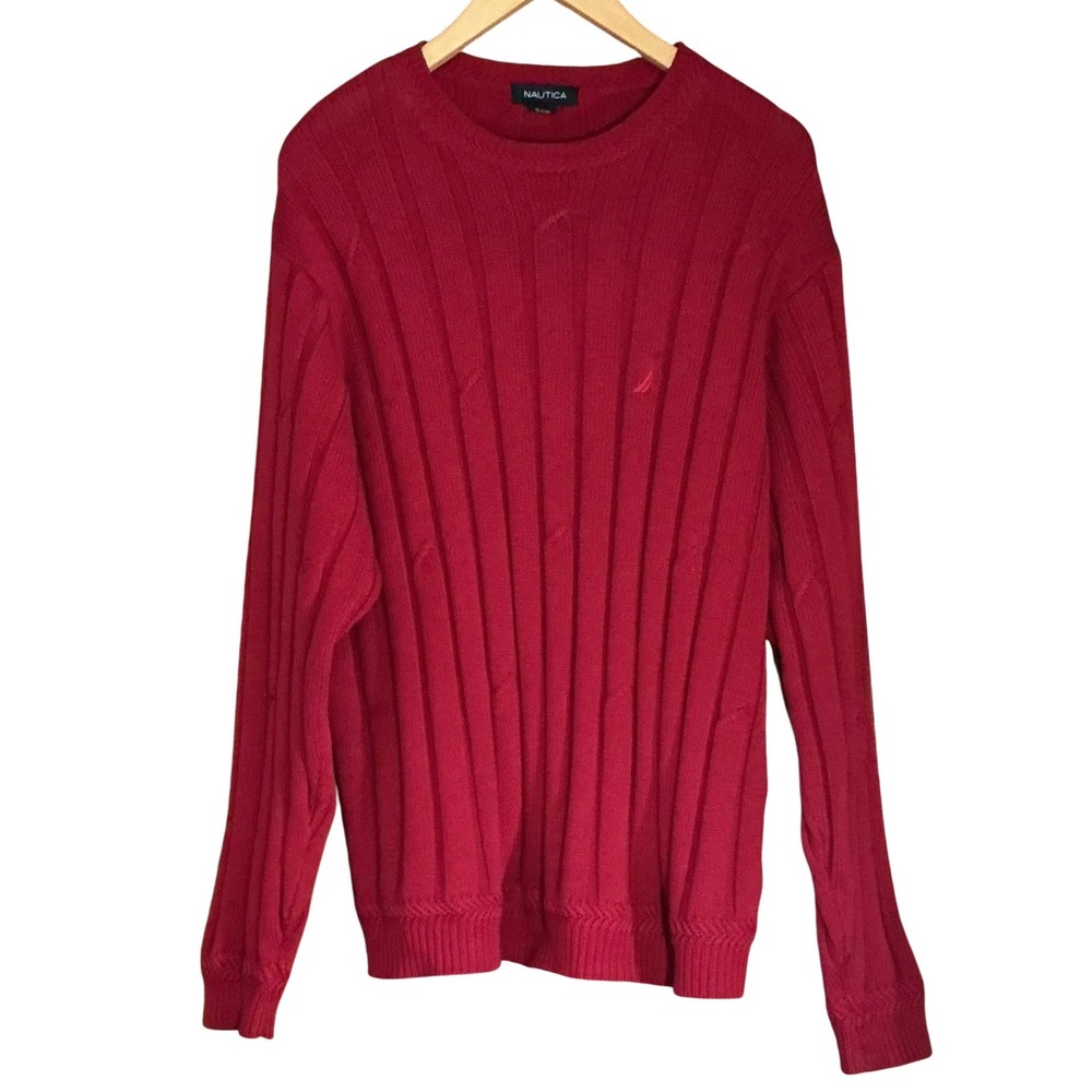 Nautica Mens Red 100%‎ Cotton Ribbed Knit Crew Neck Pullover Classic Sweater L